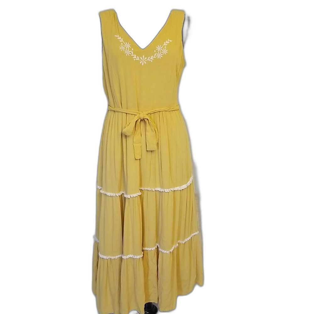 Joie Midi Dress Womens Size 10 Yellow Embroidered Gauzy Summer Tie Waist
